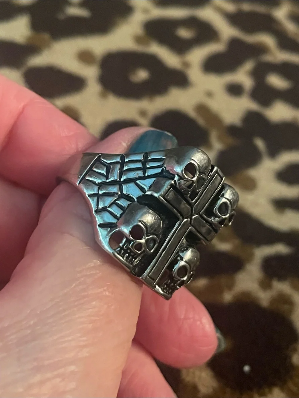Men's Stainless Steel Cross & Skull Statement Ring Sz 14.75